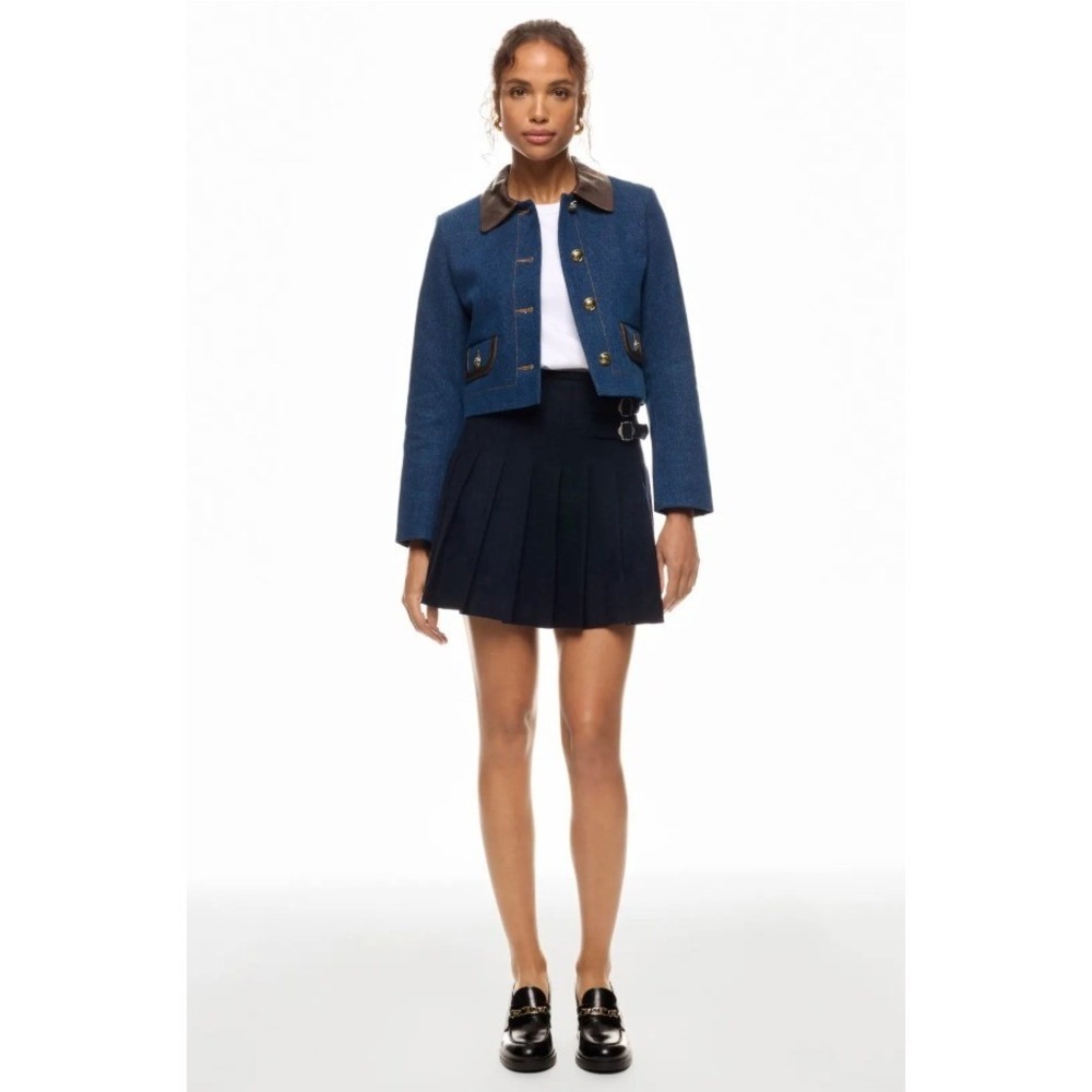 SANDRO Denim Jacket Leather Collar Cropped Button Front Blue Sz 40 FR / 8 US - Picture 3 of 16